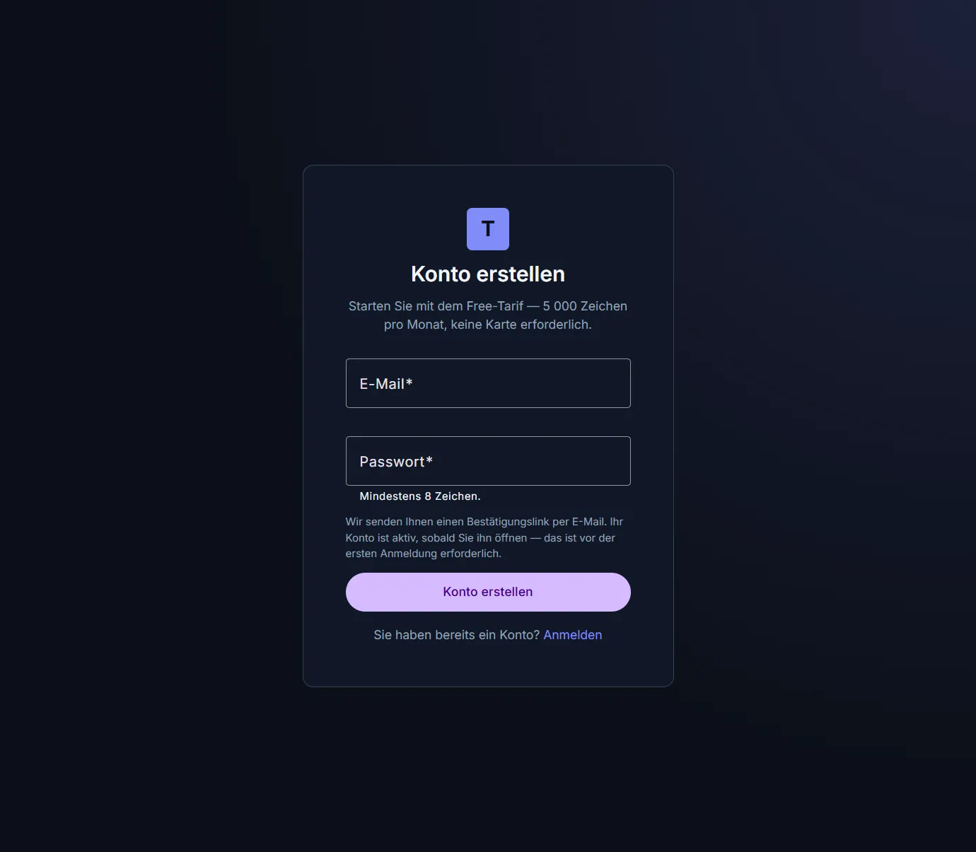 The registration form